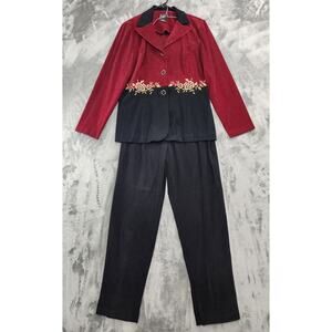 Vintage R&K Originals Pant Suit Womens 12 Black Burgundy Gold Embroidered Sueded